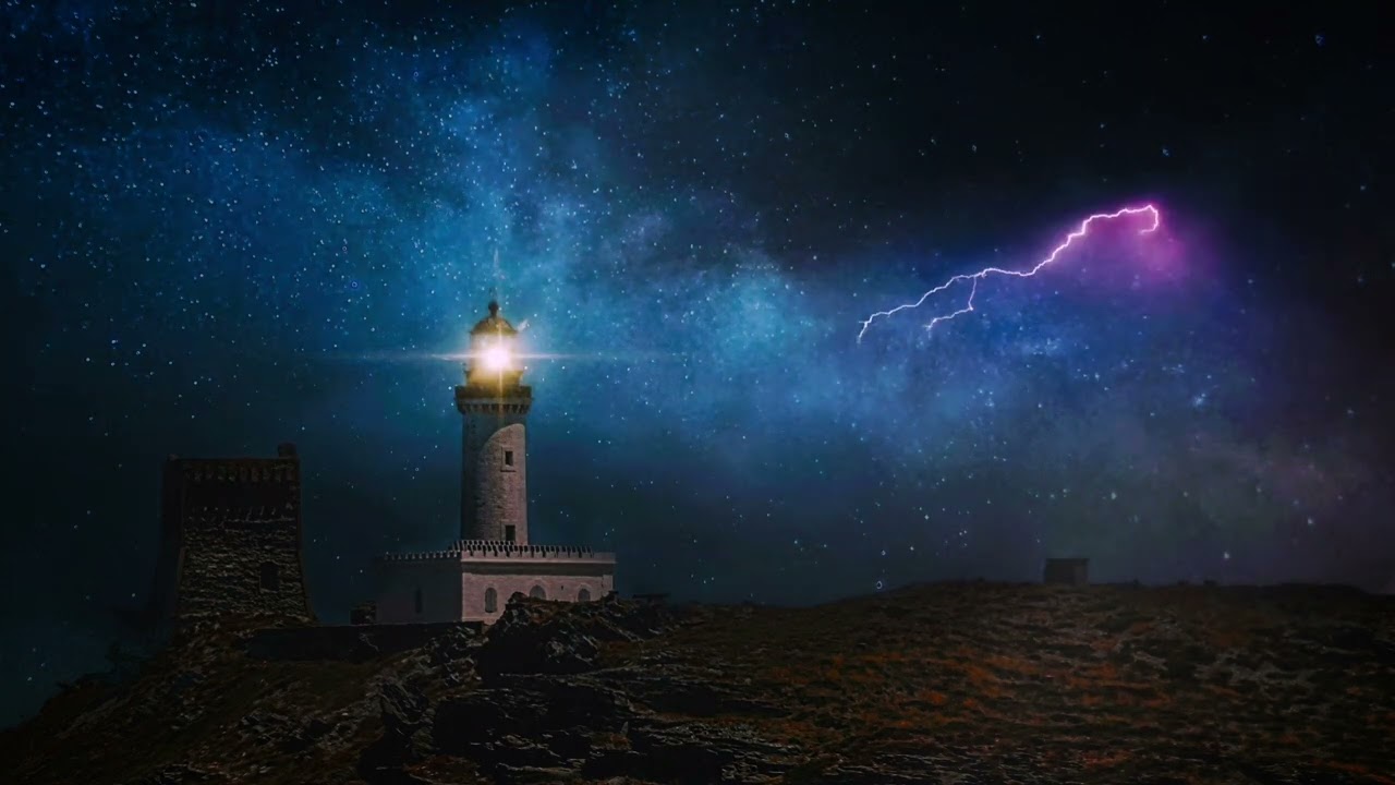 FREE NO COPYRIGHT STORMCLOUDS NIGHT LIGHTHOUSE LIGHTNING STRIKES BECON LIGHT BACKGROUND SCREENSAVER