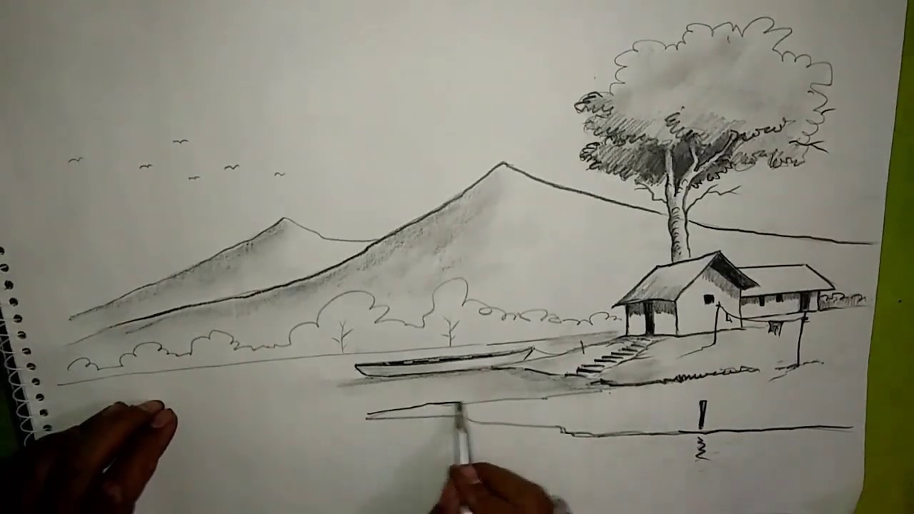 How to draw a simple and easy landscape / scenery with pencil shading ...