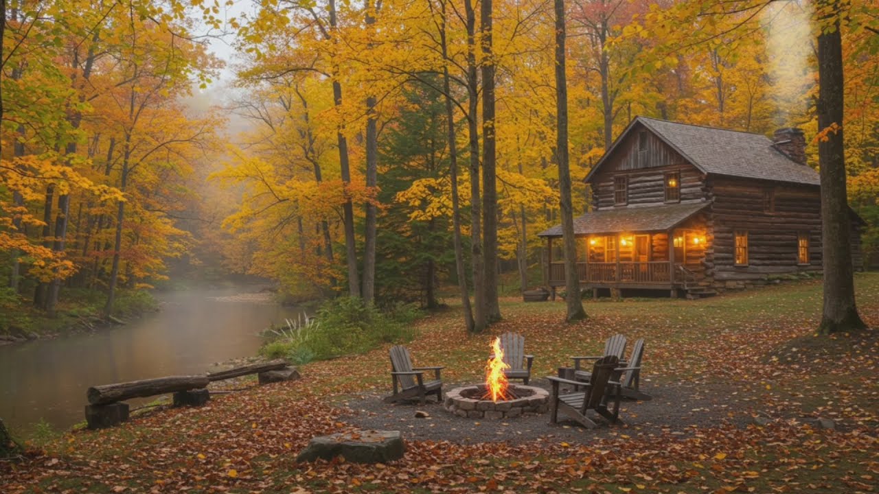 Autumn Forest Riverside Cabin Escape | Rainy Day by the River with Birds & Calm Campfire Sounds