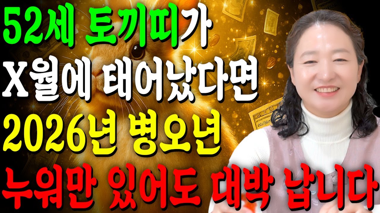 [2026년 52세 토끼띠운세] 내가 1975년생 토끼띠라면 이 영상 꼭 보셔야 합니다! 2026년에 막혔던 금전,귀인,문서운 모두 대박터진다! 병오년 1975년생 52세 운세
