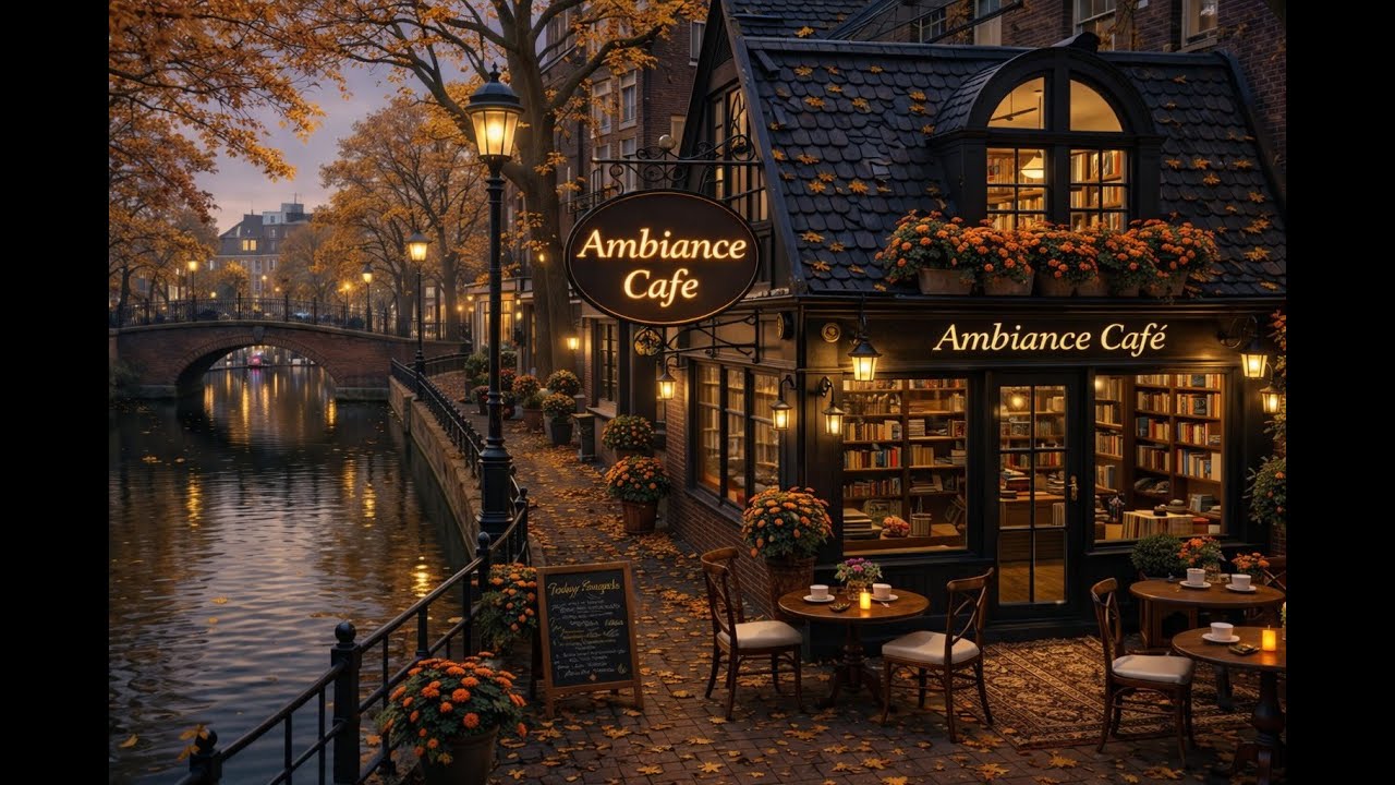 Cozy Autumn River Café Ambience 🍁 | Slow Music, Falling Leaves & Calm Water Sounds