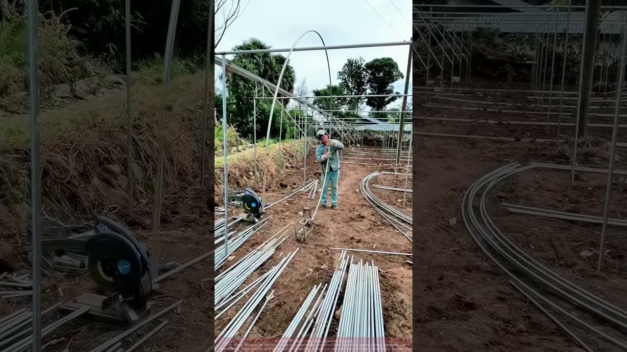 Greenhouse Building in Action: How Workers Bend Metal Pipes to Form the Skeleton