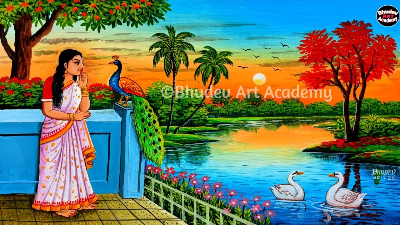 Beautiful Village Girl Scenery Painting/Indian Village Scenery Painting With Earthwatercolor