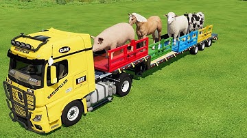 TRANSPORTING OF COLORS! GIANT ANIMALS LOADING ON LOW LOADER w JOHN DEERE 6R! FARMING SIMULATOR 22