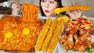 ASMR MUKBANG Carbonara Korean fire noodle, long cheese stick, chicken, pizza bread, eating