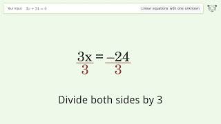 Solve 3x+24=0: Linear Equation Video Solution | Tiger Algebra