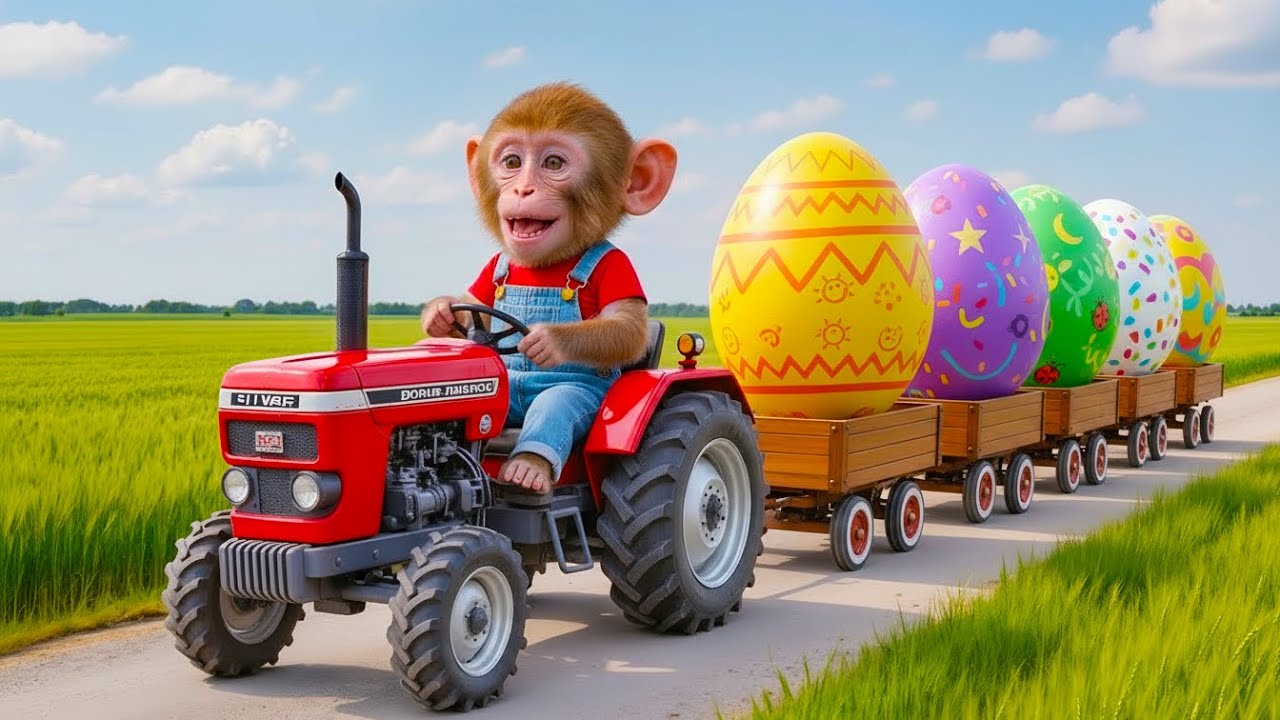 Monkey NanaDrives a Tractor Full of Giant Easter Eggs! Fun Farm Adventure 🐵🚜