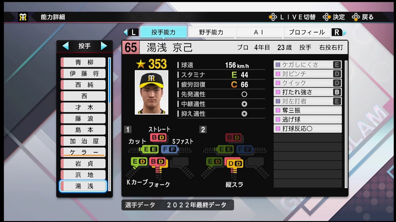 プロスピ2022選手能力 / NPB PLAYER′S DATE】阪神 65 湯浅京己選手