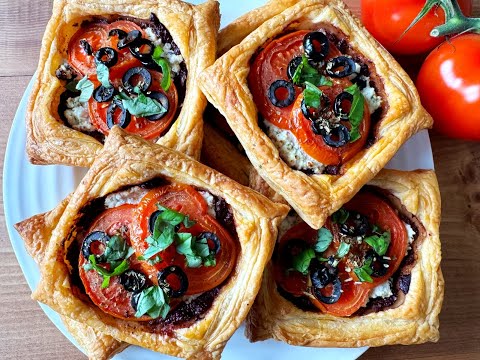 Easy tomato, ricotta cheese and black olive puff tarts - delicious pastry snack!