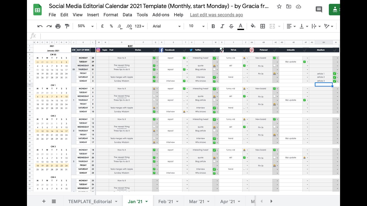 2021 Google Sheets Social Media Calendar 🤓 Plan your Social Media with ...