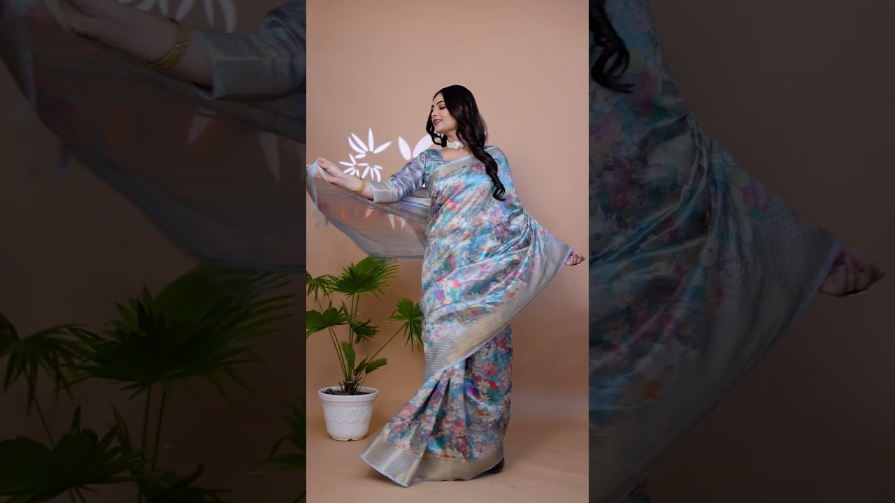 Powder Blue Zari Weaving Saree – Premium Crystal, Floral Print