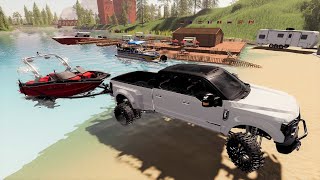 Taking the boat and camper out on the lake | Farming Simulator 19 camping and boating