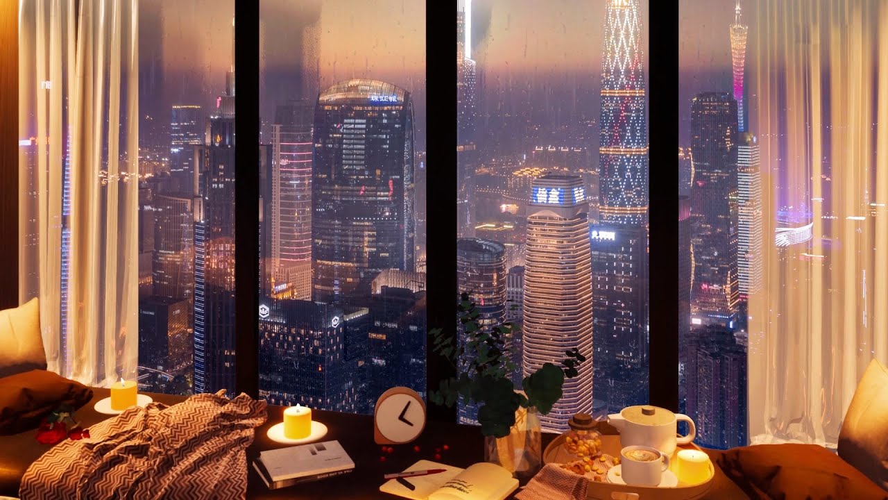 City Apartment Night Rain Ambience ASMR | Rooftop Study Room | Guangzhou China Oriental Ambience