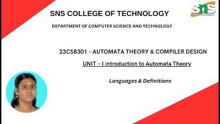 Languages & Definitions | Automata Theory & Compiler Design | SNS Institutions