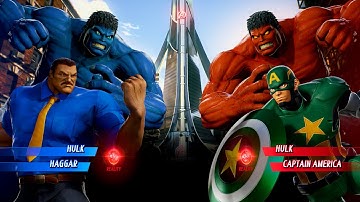 BLUE HULK & BLUE HAGGAR VS RED HULK & GREEN CAPTAIN AMERICA - Marvel vs Capcom Infinite All Costumes