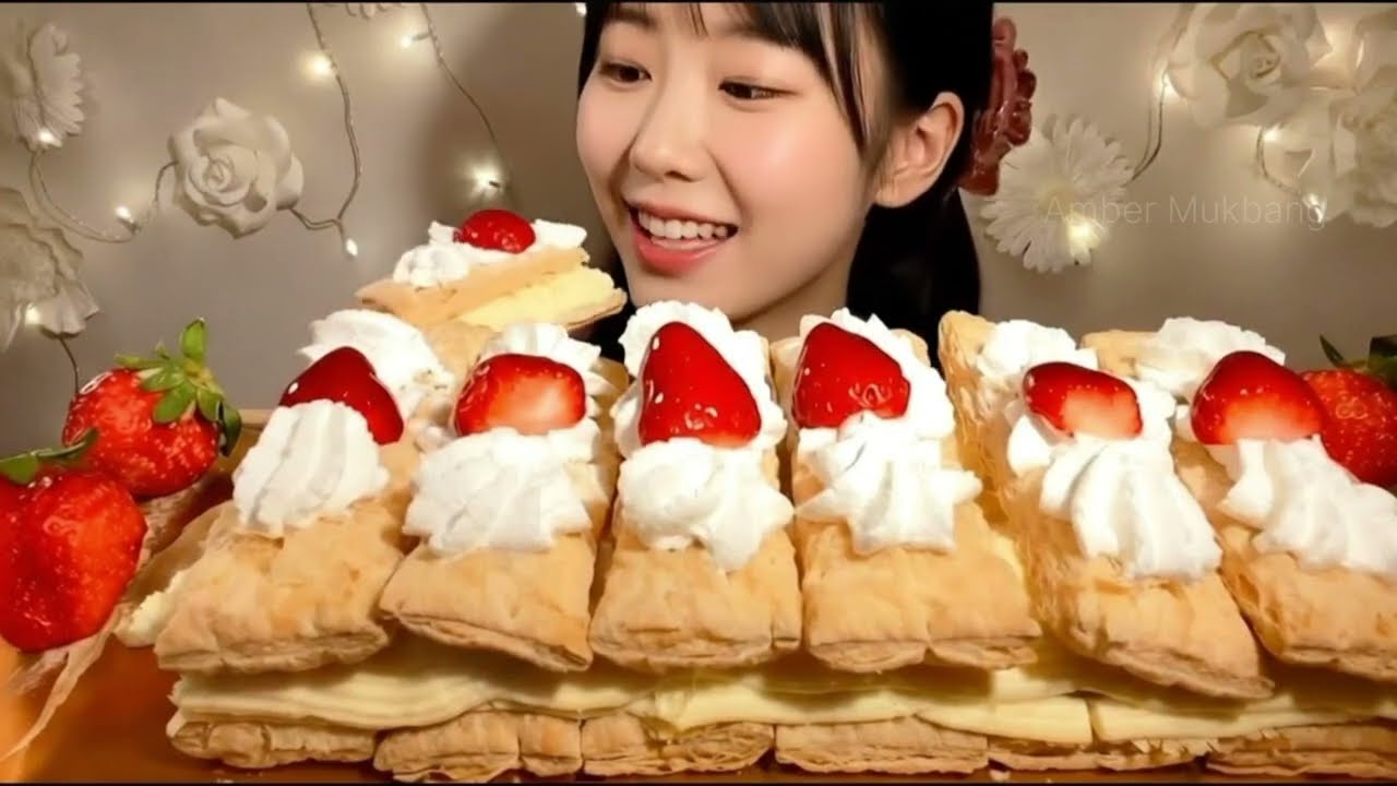 ASMR Strawberry Cream Puff Mukbang @ambermukbang 
