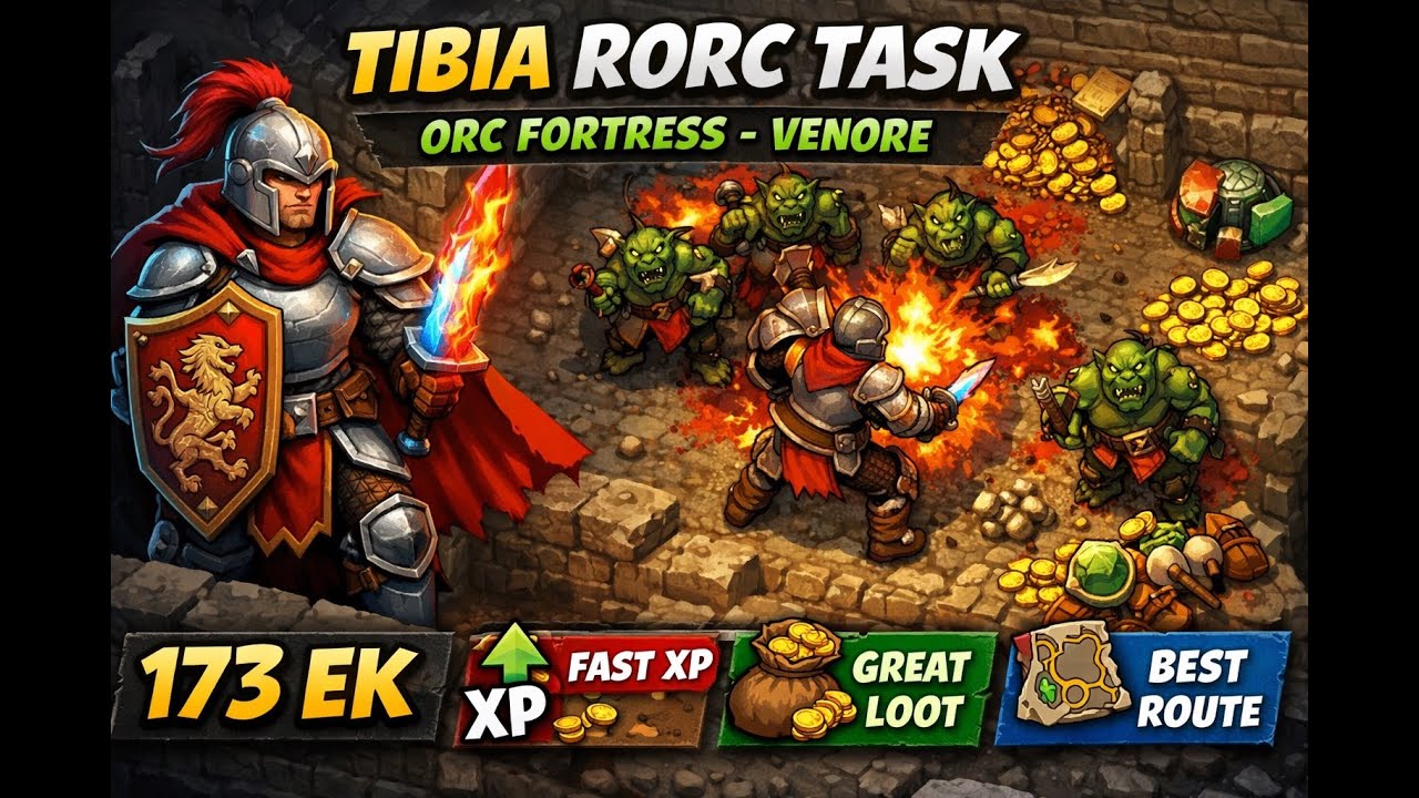 Tibia Bounty Task | Rorc Hunt (Orc Fortress, Venore) | 173 EK | Route, XP, Loot