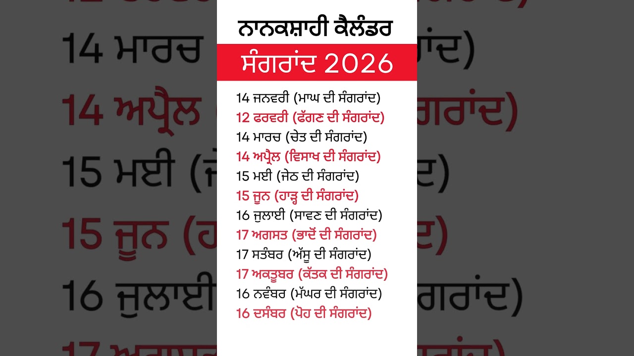 Сангранд Даты 2026 l Сангранд 2026 l Каландер Нанакшахи l Календарь Нанакшахи 2026