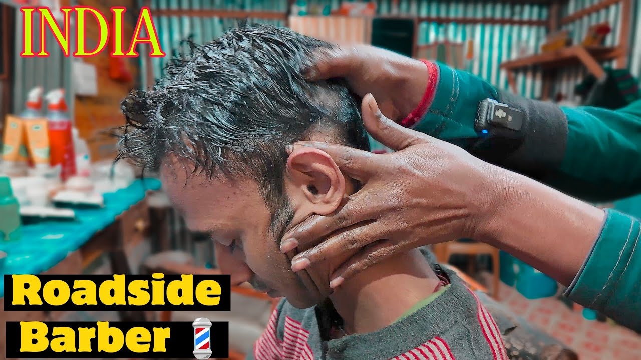 Indian Roadside Barber | Hair Massage With Lots Of Water Sprayed | Neck and Ear Massage