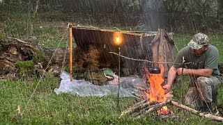 Coziest RAIN CAMPING in a Hyrcanian forest[SOLO Relaxing in a Tarp shelter with dog, ASMR