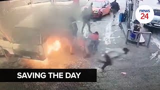 WATCH | Fearless petrol attendant rescues commuters stuck in burning taxi