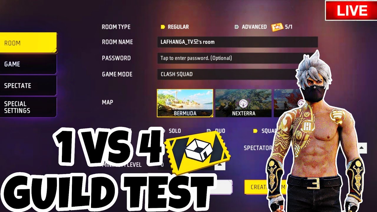 1 VS 4 GUILD TEST | GUILD TEST | FREEFIRE LIVE | CUSTOM ROOM | GAMEPLAY ...