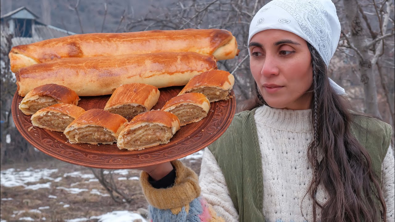 Зима в отдаленной горной деревне, Ночи -15, Готовим ореховую выпечку на улице!