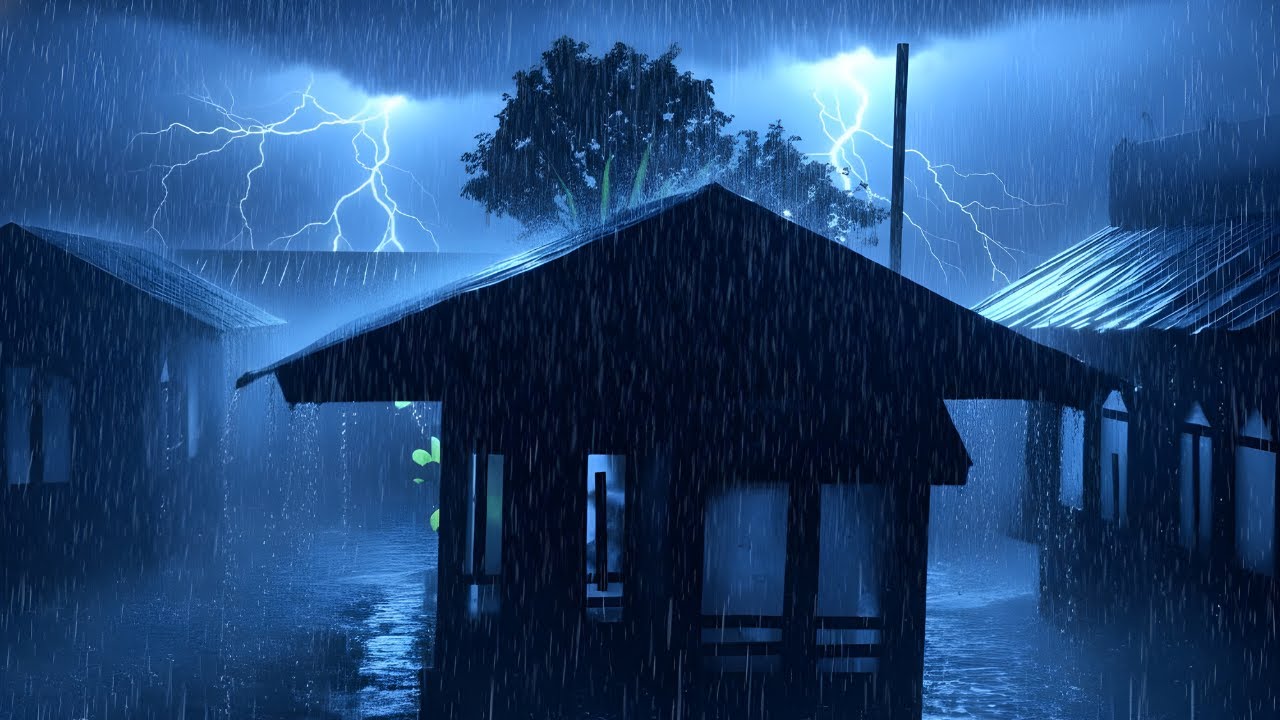Realistic Rainstorm Sounds with Thunder on Tin Roof During Dark Night