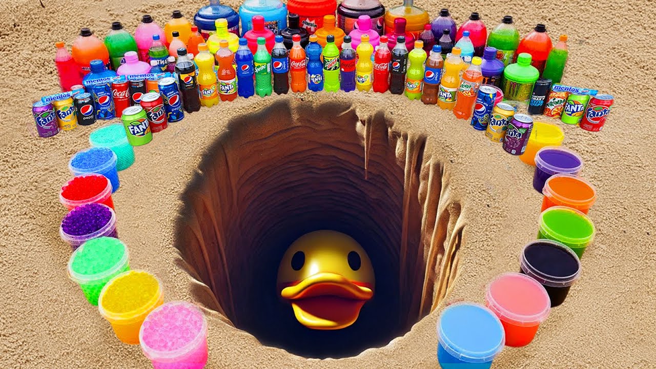 Giant Toothpaste Eruption from Duck pit, Coca Cola, Pepsi Blue, Mtn Dew, Fanta, Sprite VS Mentos