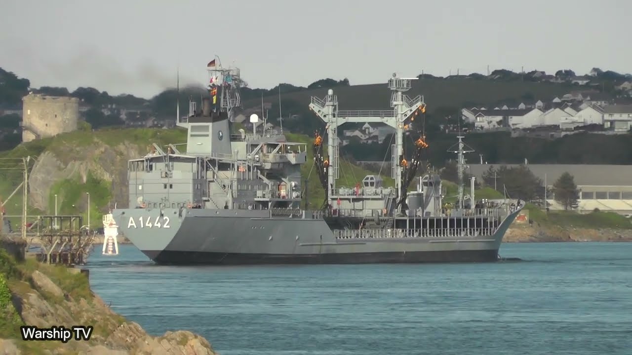 GERMAN NAVY RHON CLASS TANKER FGS SPESSART A1442 DEPARTS DEVONPORT NAVAL BASE 1-6-22.