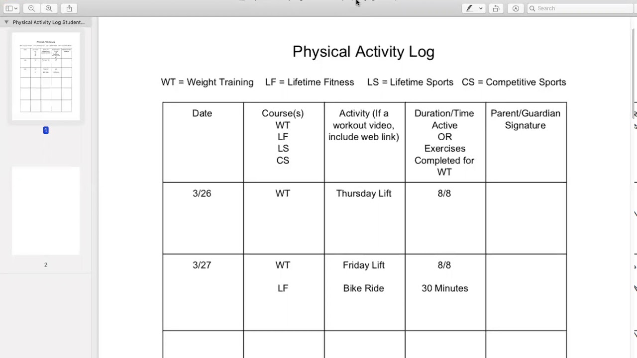 eLearning Physical Activity Log Expectations