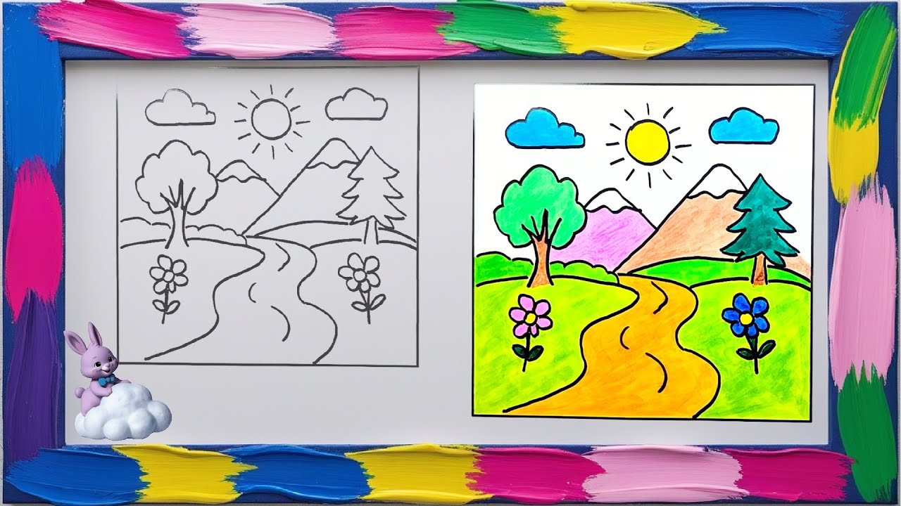 🌈 Cute Animated Landscape for Kids | Relaxing Drawing Scene with Clouds & Happy Music