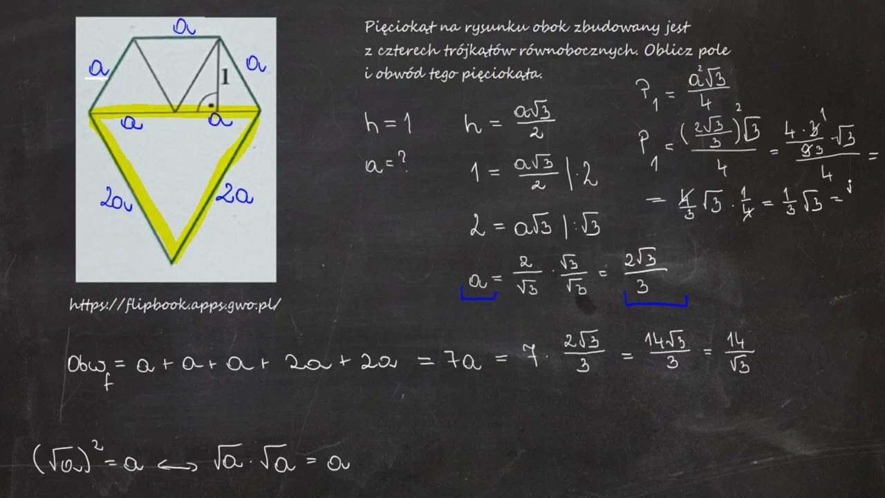 Pięciokąt na rysunku obok zbudowany jest z czterech trójkątów równobocznych. Oblicz pole i obwód...