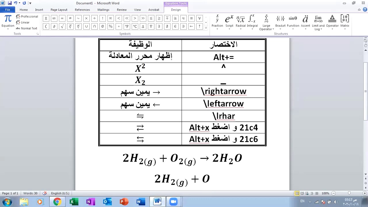 كتابة رموز المعادلات الكيميائية في برمجية وورد بدون برامج - الجزء الأول