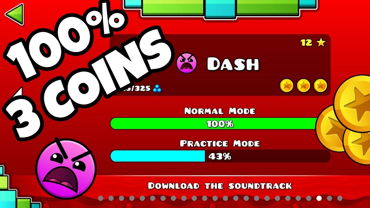 GEOMETRY DASH "DASH" 100%, 3 COINS (Geometry Dash Gameplay) - YouTube
