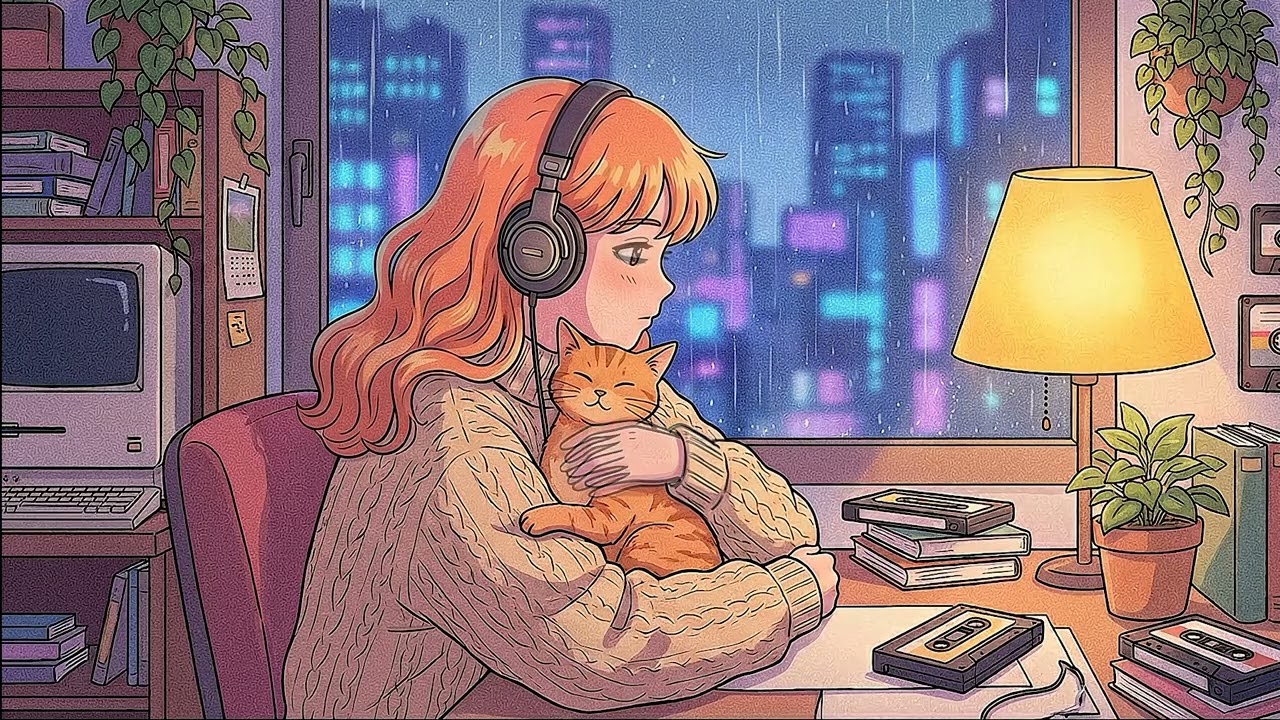 4 Hours of LOFI Music to RELAX and STUDY with a CAT by Your Side on a RAINY Day