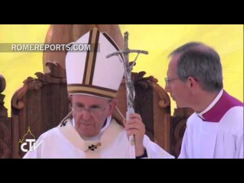 The broken papal staff is fixed with tape during papal visit to Sarajevo