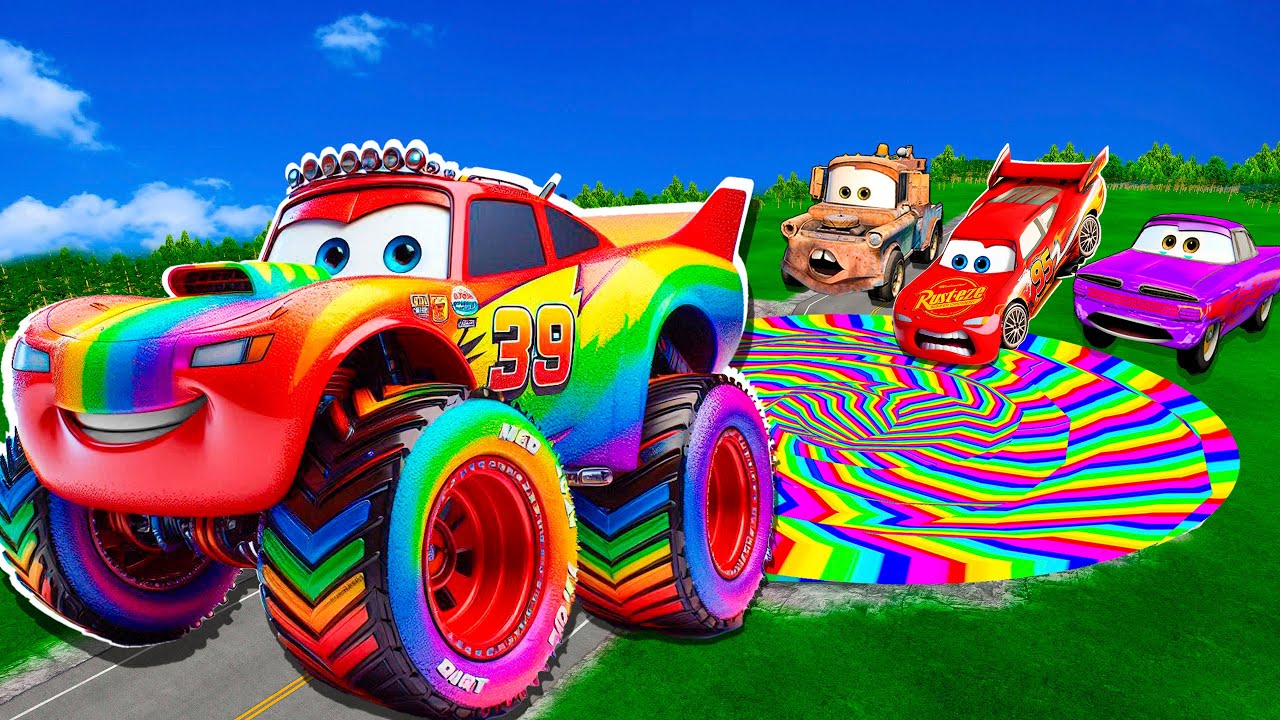 Rainbow Pit Transform In Big & Small: Lightning Mcqueen  & Mater vs  Pixar Cars! Beam.NG Drive!