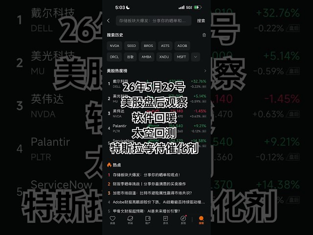 26年5月29日美股收盘观察：软件回暖，太空回测，特斯拉等待催化