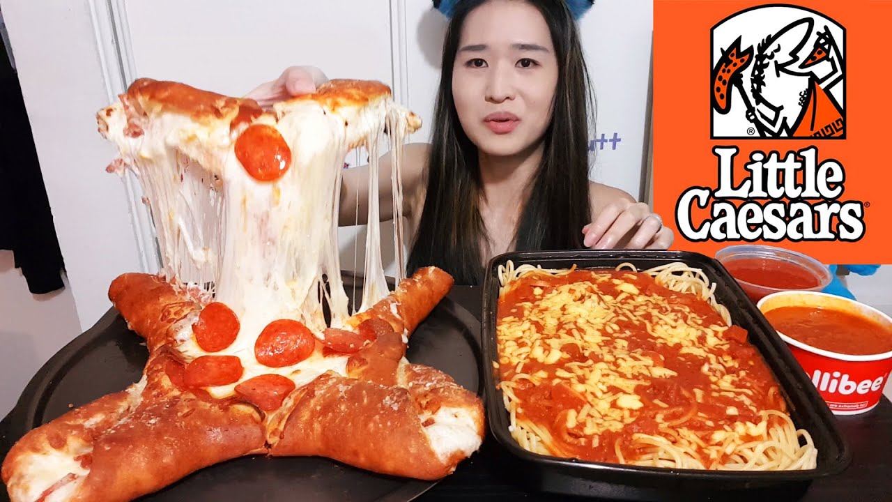 SO CHEESY! Little Caesars Crazy Calzony Pizza & Jollibee Jolly Spaghetti Noodles - Mukbang Asmr