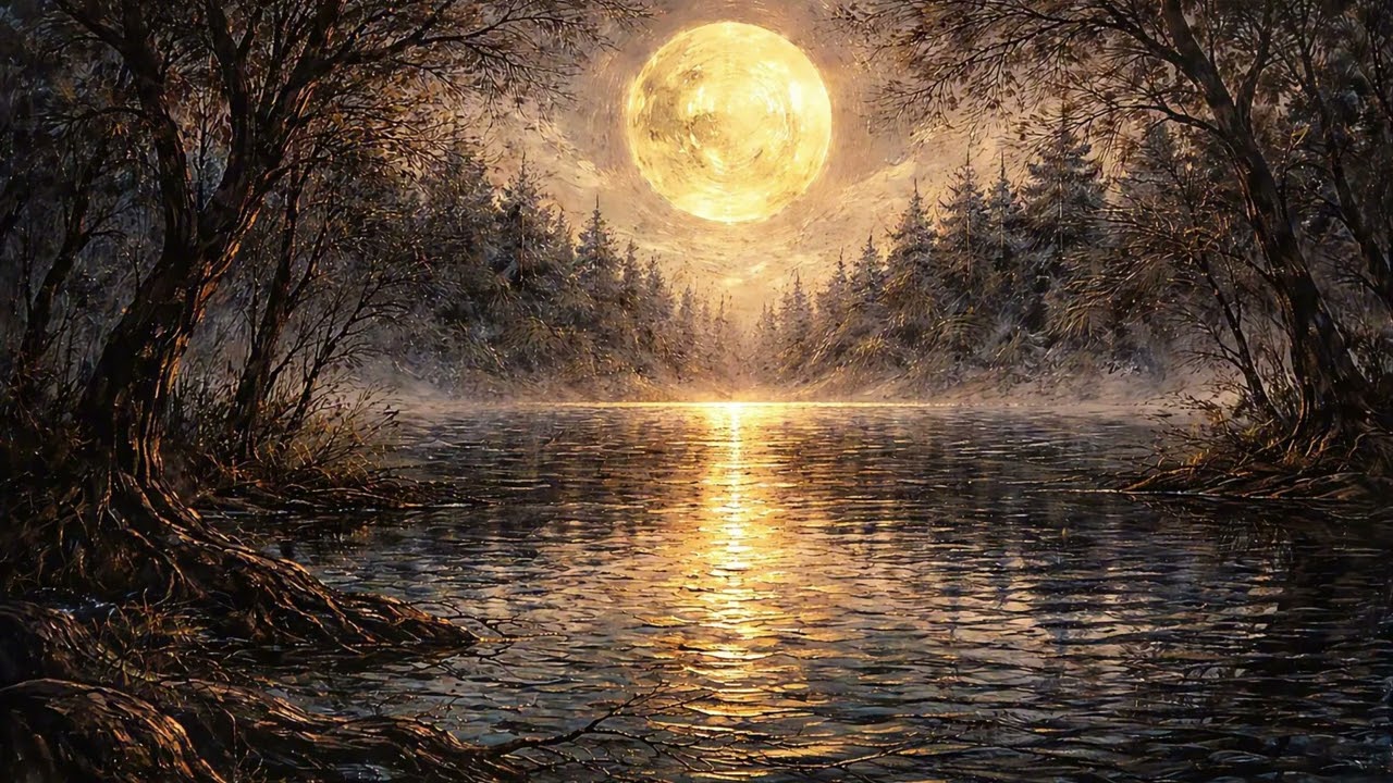 Golden Moon Over Silent Lake | 4K Luxury Night Landscape | 3 Hours of Relaxing Art