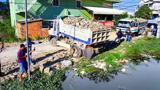Wonderful Project!! Landfill Stone Delete Flooded Process Work By Komat'su Dozer D20A & 5ton Truck