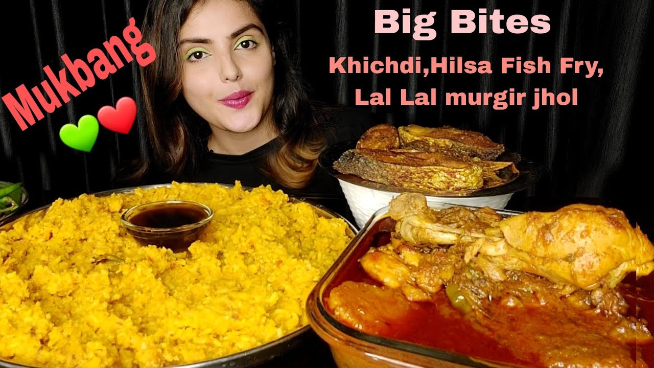 Eating Khichdi, Fried Hilsa Fish, Lal Lal Murgir Jhol, Big Bites, ASMR ,Mukbang, Messy Eating,Food