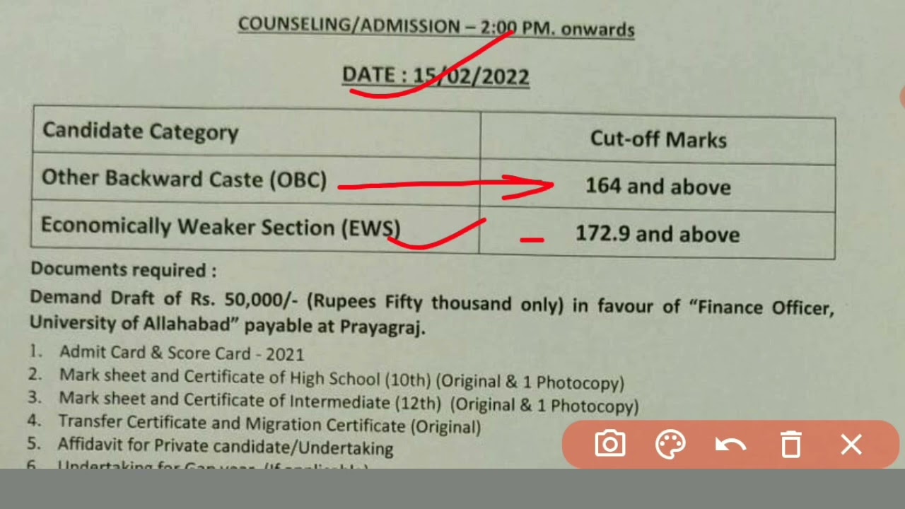 Allahabad University Ba LLB Cut Off Counselling Date 15/02/2022