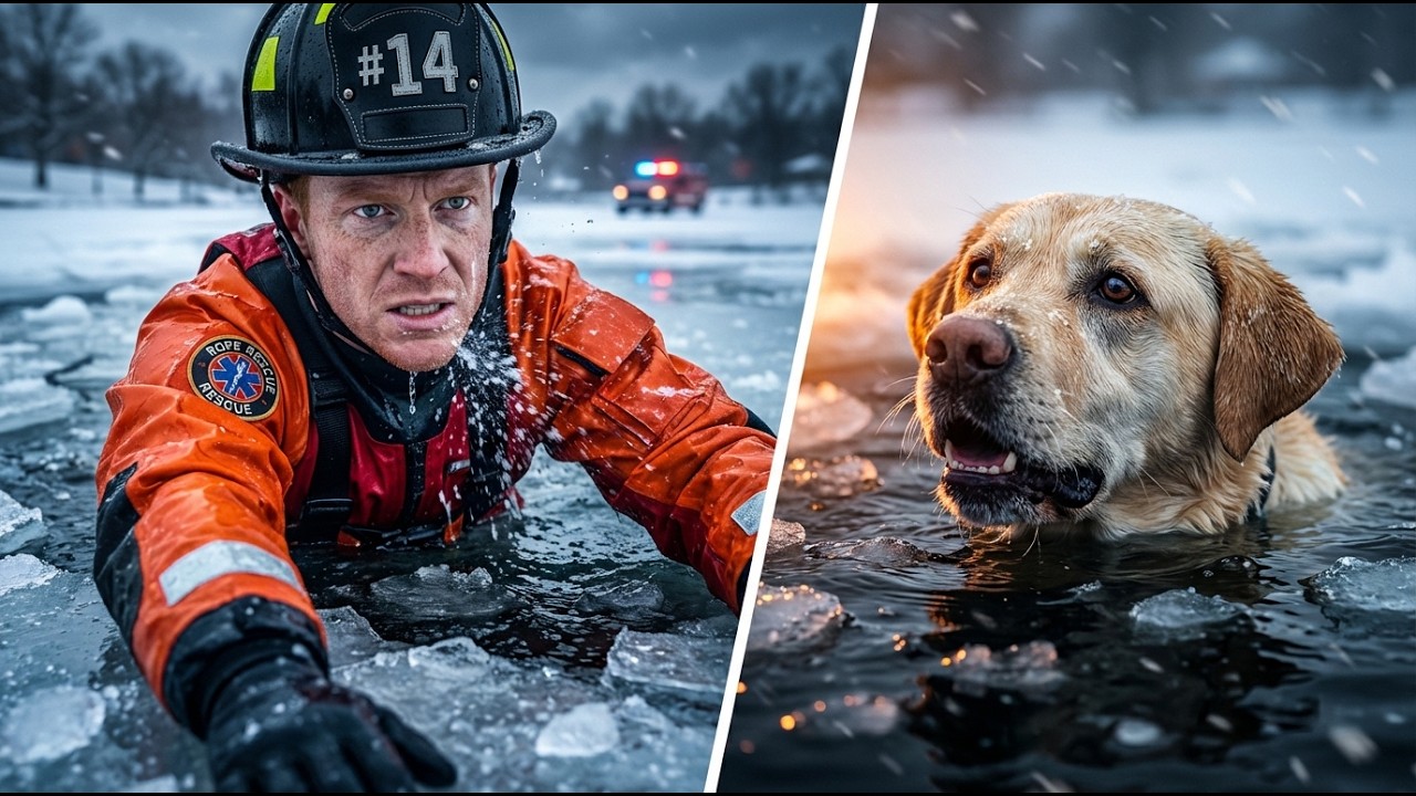 Firefighter Breaks Through Ice to Save Drowning Dog — The Moment Will Stop Your Heart