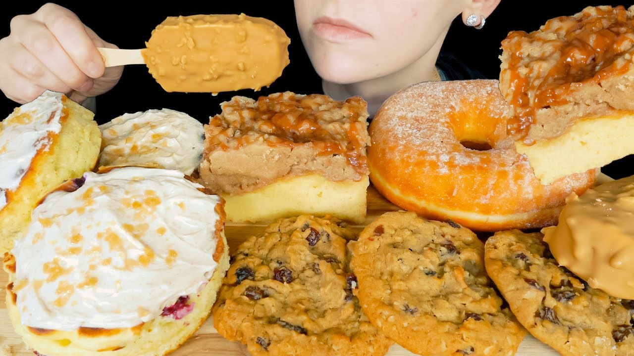 ASMR Sugar Donut, Haagen Dazs Dulce De Leche Churro Ice Cream Bar, Caramel Apple Crumb Cake, Cookies