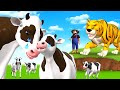 Tiger attacks cows in the farm  barn animals rescue  cow funnys in farm  3d wild animals