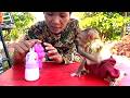 What 's Up? Mom gives her Adorable Baby LIORA a choice between a milk bottle and a teddy bear