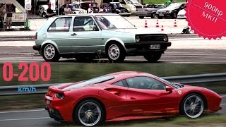 Car comparison test of vw golf 900hp mkii vs ferrari 488 gtb sounds,
acceleration 0-200km/h credits: tv: https://www./watch?v=l-i...