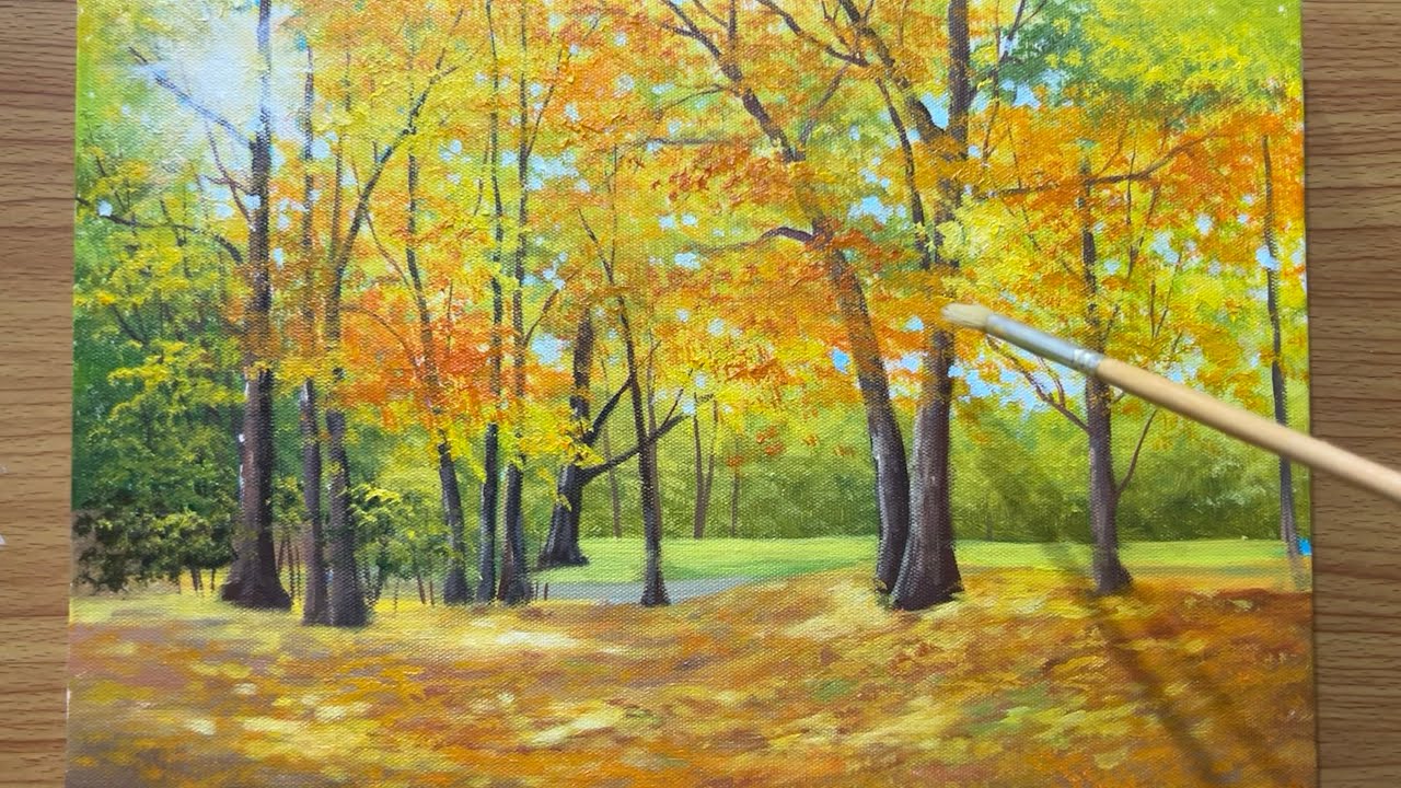 Golden Autumn Forest Acrylic Painting | Relaxing Fall Landscape Tutorial - How to Painting